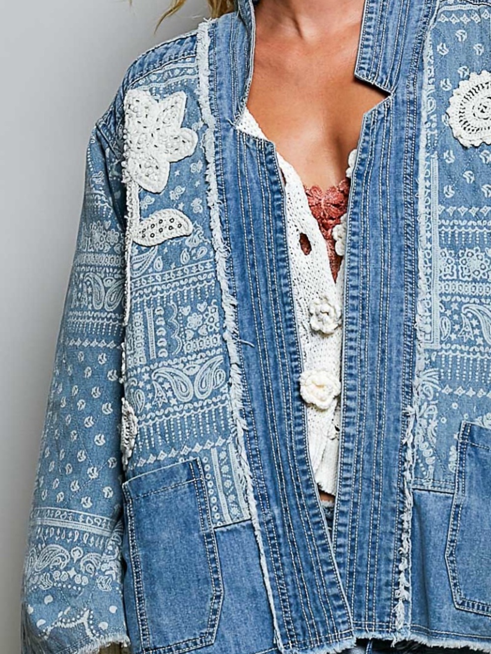 POL Light Wash Denim Paisley Print Embroidered Pockets Frayed Detail jacket - Picture 5 of 7